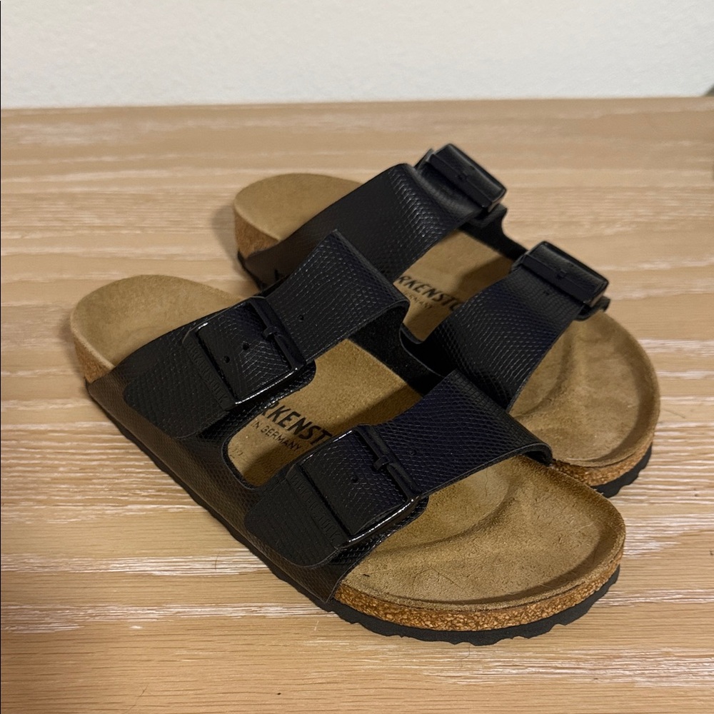 Birkenstock Arizona Shiny Lizard Black and Tan Sandals